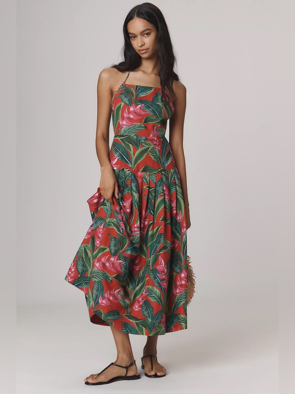 Farm Rio Linen Blend Dream Garden Strappy Drop-Waist Midi Dress